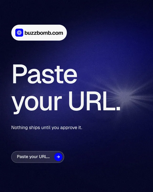 Instagram portrait post for BuzzBomb: "Paste your URL." Agentic glass style, announce layout, dark palette in blue, black.