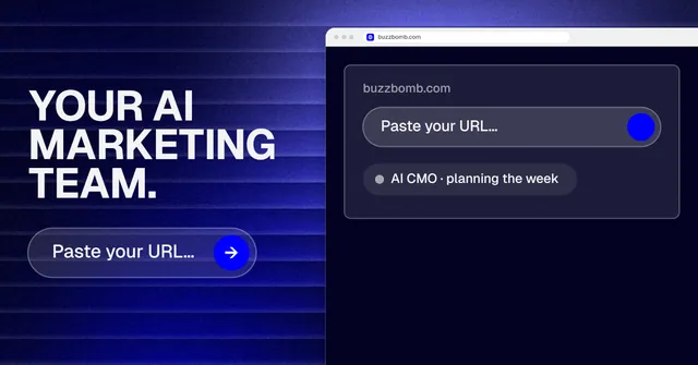 Social ad for BuzzBomb: "Your AI marketing team." Agentic glass style, browser layout, dark palette in black, blue, grey.