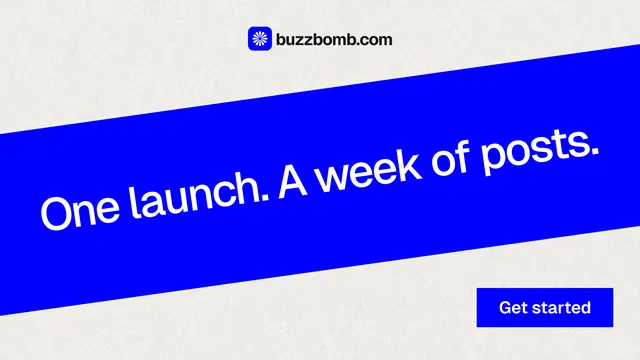 Landscape graphic for BuzzBomb: "One launch. A week of posts." Swiss style, diagonal layout, light palette in blue, white.