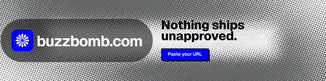 LinkedIn banner for BuzzBomb: "Nothing ships unapproved." Brutalist style, logo hero layout, light palette in grey.