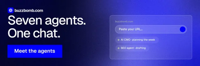 X header for BuzzBomb: "Seven agents. One chat." Swiss style, skeleton layout, dark palette in blue.