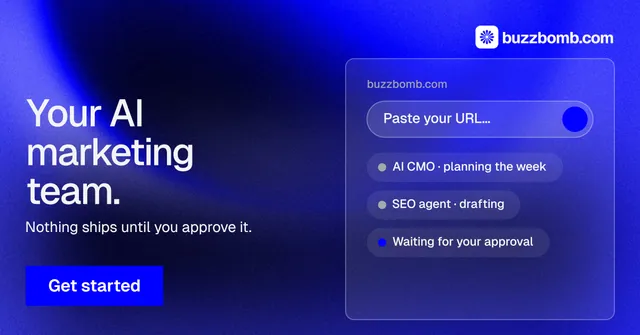 Social ad for BuzzBomb: "Your AI marketing team." Swiss style, bottom layout, dark palette in blue.