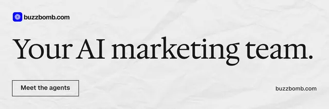 X header for BuzzBomb: "Your AI marketing team." Editorial style, poster layout, light palette in white, grey.