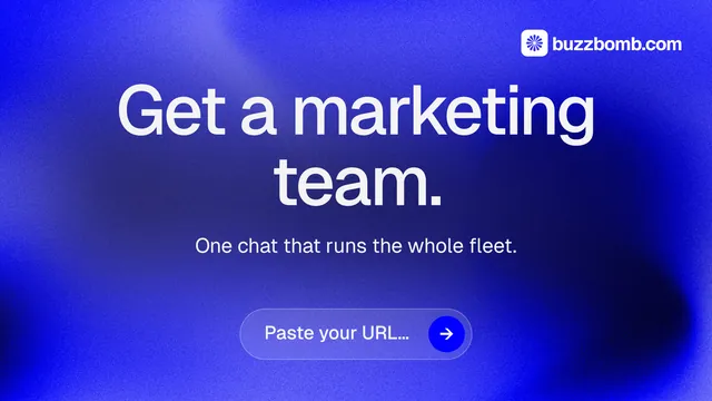 Landscape graphic for BuzzBomb: "Get a marketing team." Agentic glass style, centred layout, dark palette in blue.