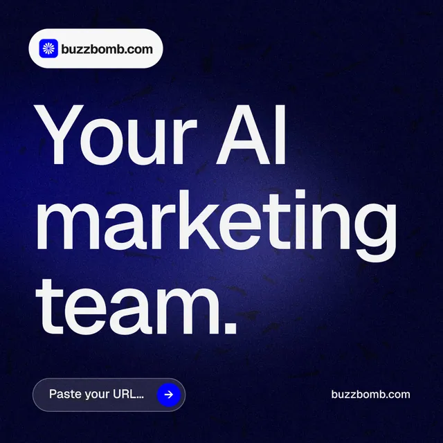 Instagram post for BuzzBomb: "Your AI marketing team." Agentic glass style, poster layout, dark palette in black, blue, grey.