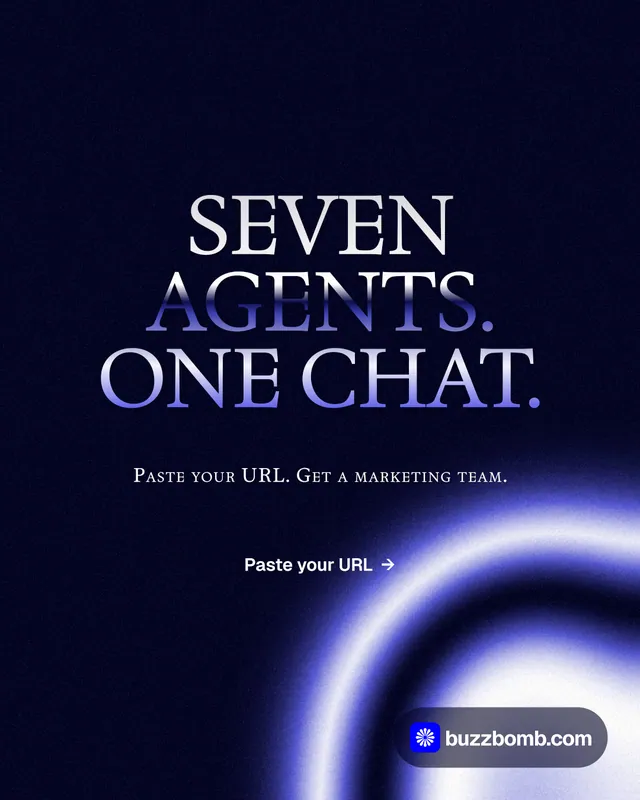 Instagram portrait post for BuzzBomb: "Seven agents. One chat." Agentic glass style, smallcaps layout, dark palette in black, blue.
