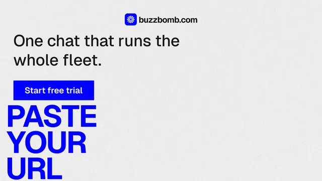 Landscape graphic for BuzzBomb: "Paste your URL." Swiss style, oversized layout, light palette in white, blue.