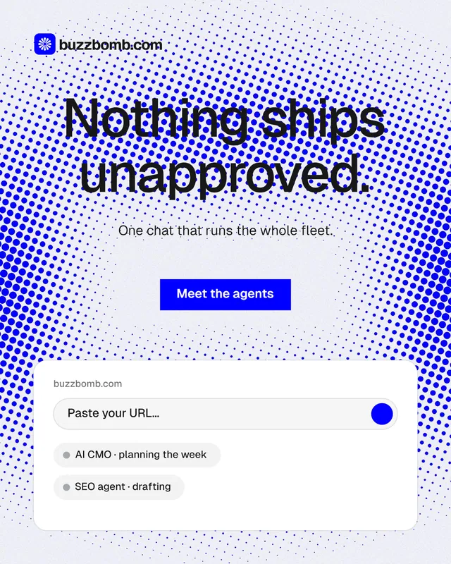Instagram portrait post for BuzzBomb: "Nothing ships unapproved." Swiss style, centred layout, light palette in white, blue.