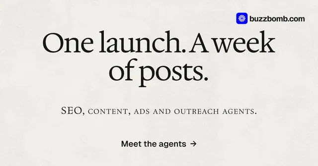 Social ad for BuzzBomb: "One launch. A week of posts." Swiss style, smallcaps layout, light palette in white, grey.