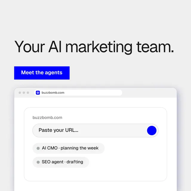 Instagram post for BuzzBomb: "Your AI marketing team." Swiss style, browser layout, light palette in white, blue.