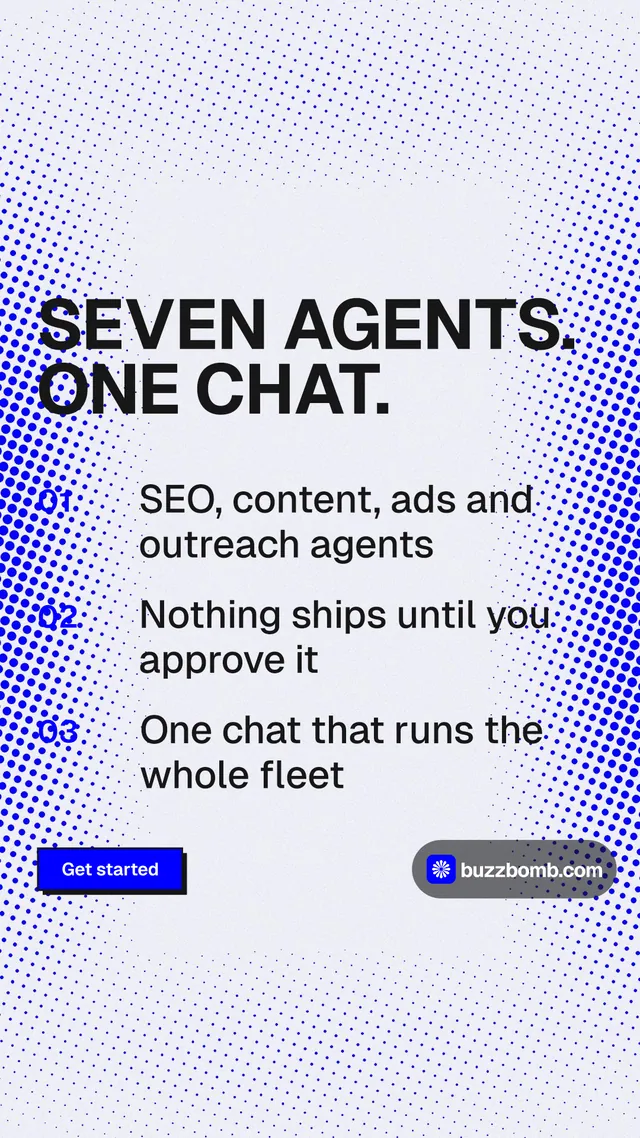 Instagram story for BuzzBomb: "Seven agents. One chat." Brutalist style, numbered layout, light palette in white, blue.