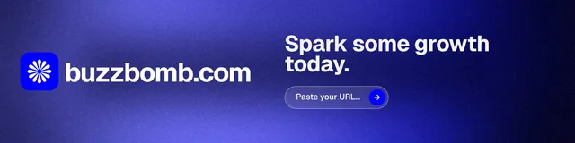 LinkedIn banner for BuzzBomb: "Spark some growth today." Agentic glass style, logo hero layout, dark palette in blue.