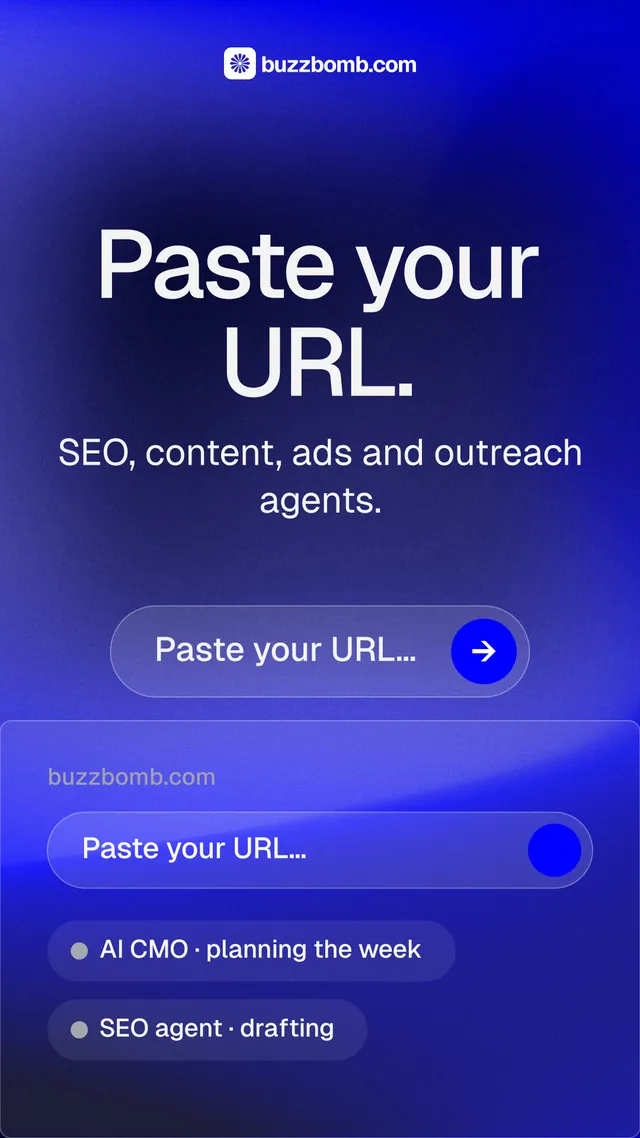 Instagram story for BuzzBomb: "Paste your URL." Agentic glass style, skeleton layout, dark palette in blue.