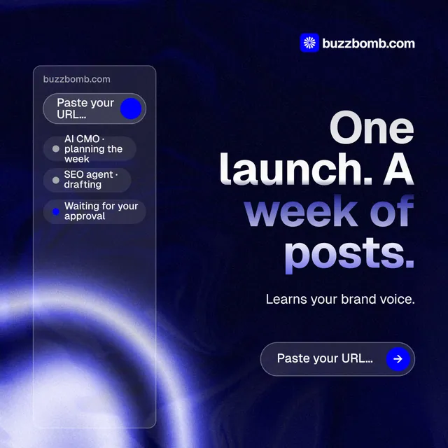 Instagram post for BuzzBomb: "One launch. A week of posts." Agentic glass style, right layout, dark palette in black, blue.