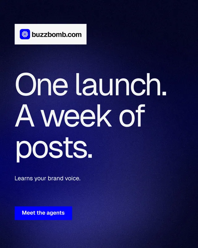 Instagram portrait post for BuzzBomb: "One launch. A week of posts." Swiss style, announce layout, dark palette in black, blue, grey.