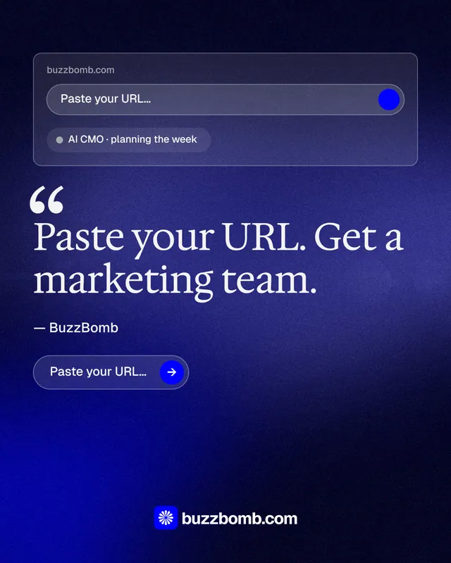 Instagram portrait post for BuzzBomb: "Paste your URL." Agentic glass style, quote layout, dark palette in black, blue.