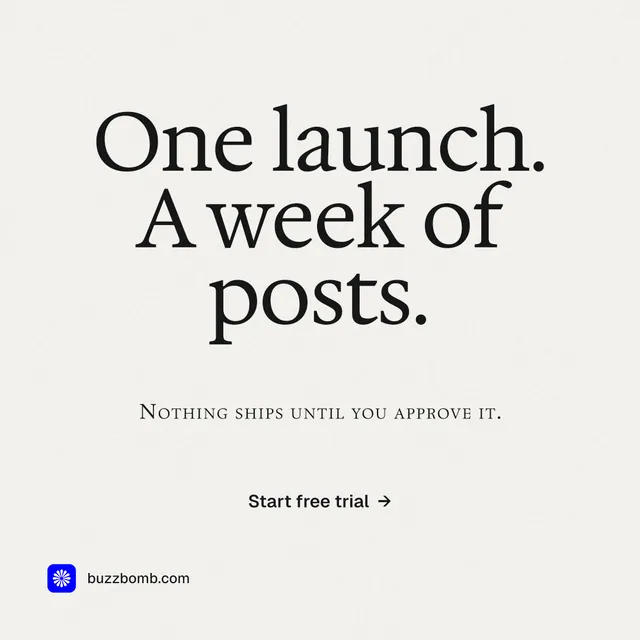 Instagram post for BuzzBomb: "One launch. A week of posts." Swiss style, smallcaps layout, light palette in white, grey.