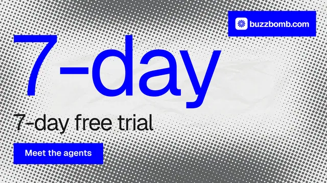 Landscape graphic for BuzzBomb: "Spark some growth today." Swiss style, stat layout, light palette in grey, white, blue.