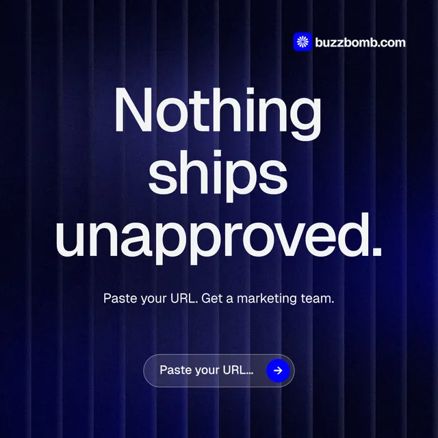 Instagram post for BuzzBomb: "Nothing ships unapproved." Agentic glass style, centred layout, dark palette in blue, black, grey.