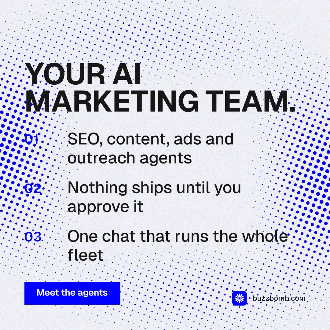 Instagram post for BuzzBomb: "Your AI marketing team." Swiss style, numbered layout, light palette in white, blue.