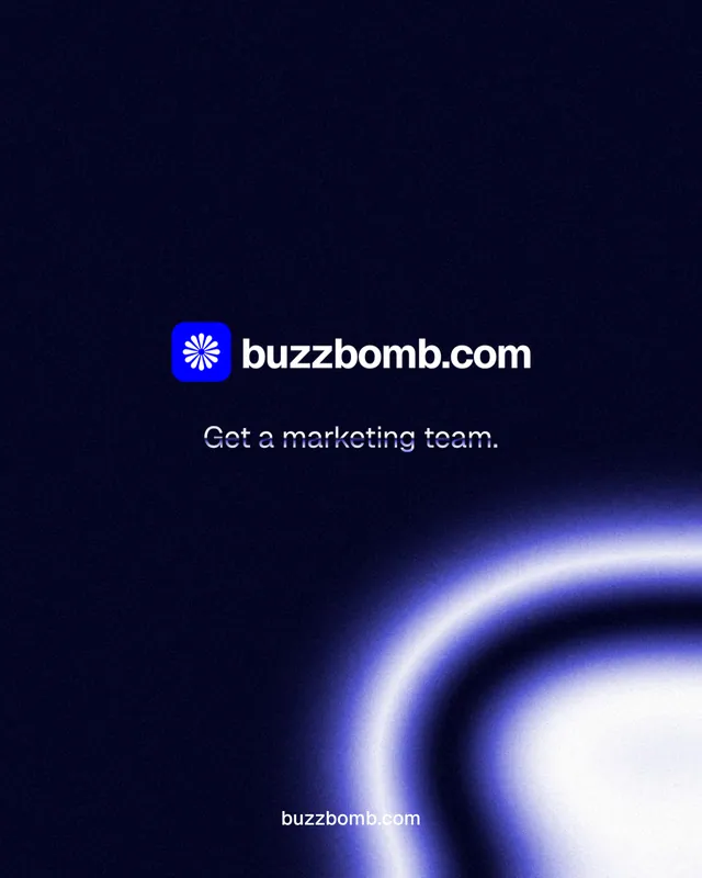 Instagram portrait post for BuzzBomb: "Get a marketing team." Agentic glass style, end card layout, dark palette in black, blue.