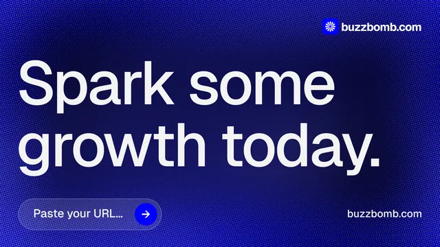 Landscape graphic for BuzzBomb: "Spark some growth today." Agentic glass style, poster layout, dark palette in blue, grey.