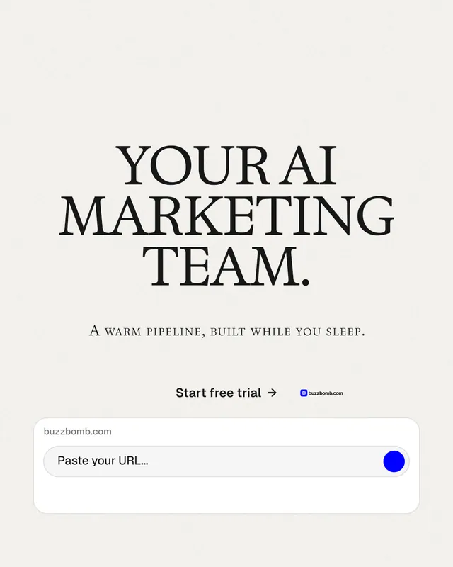 Instagram portrait post for BuzzBomb: "Your AI marketing team." Swiss style, smallcaps layout, light palette in white.