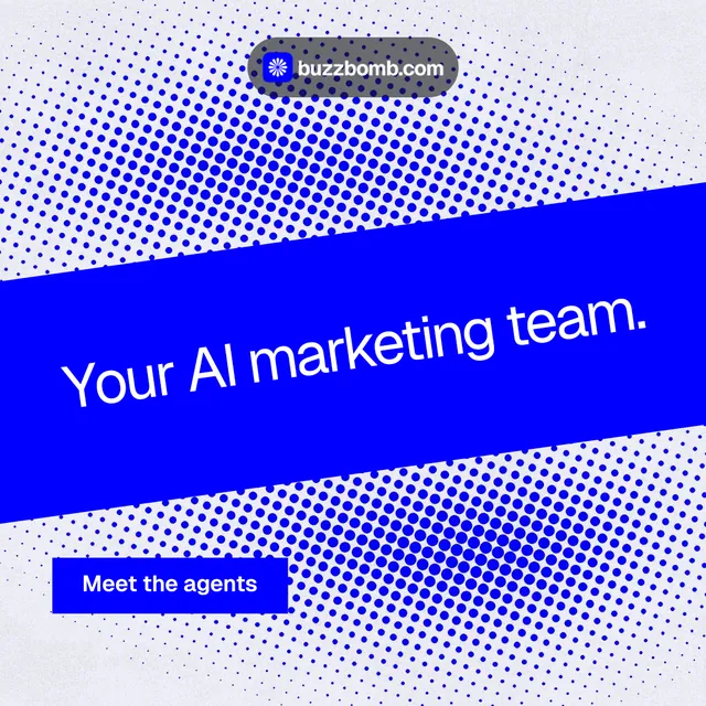 Instagram post for BuzzBomb: "Your AI marketing team." Split block style, diagonal layout, light palette in blue, white.