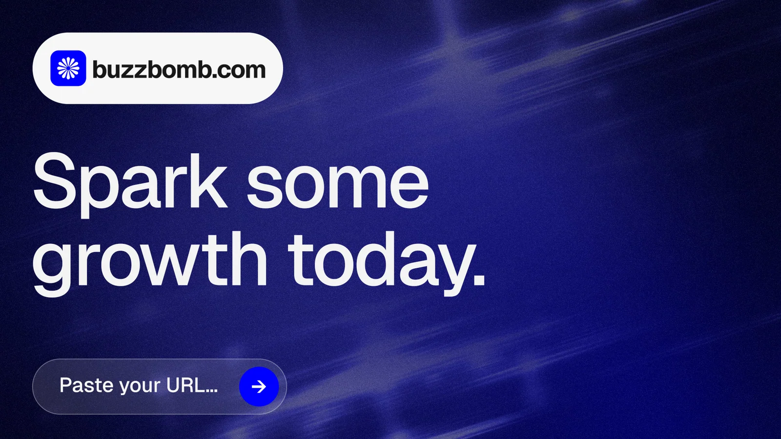 Landscape graphic for BuzzBomb: "Spark some growth today." Agentic glass style, announce layout, dark palette in blue, grey.