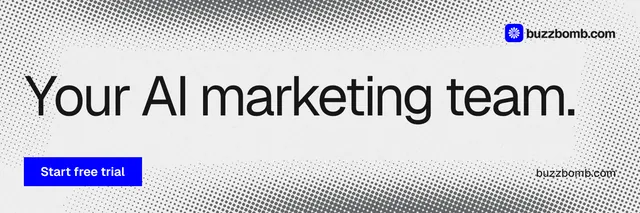 X header for BuzzBomb: "Your AI marketing team." Swiss style, poster layout, light palette in white, grey.