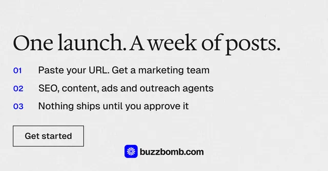 Social ad for BuzzBomb: "One launch. A week of posts." Editorial style, numbered layout, light palette in white, grey.