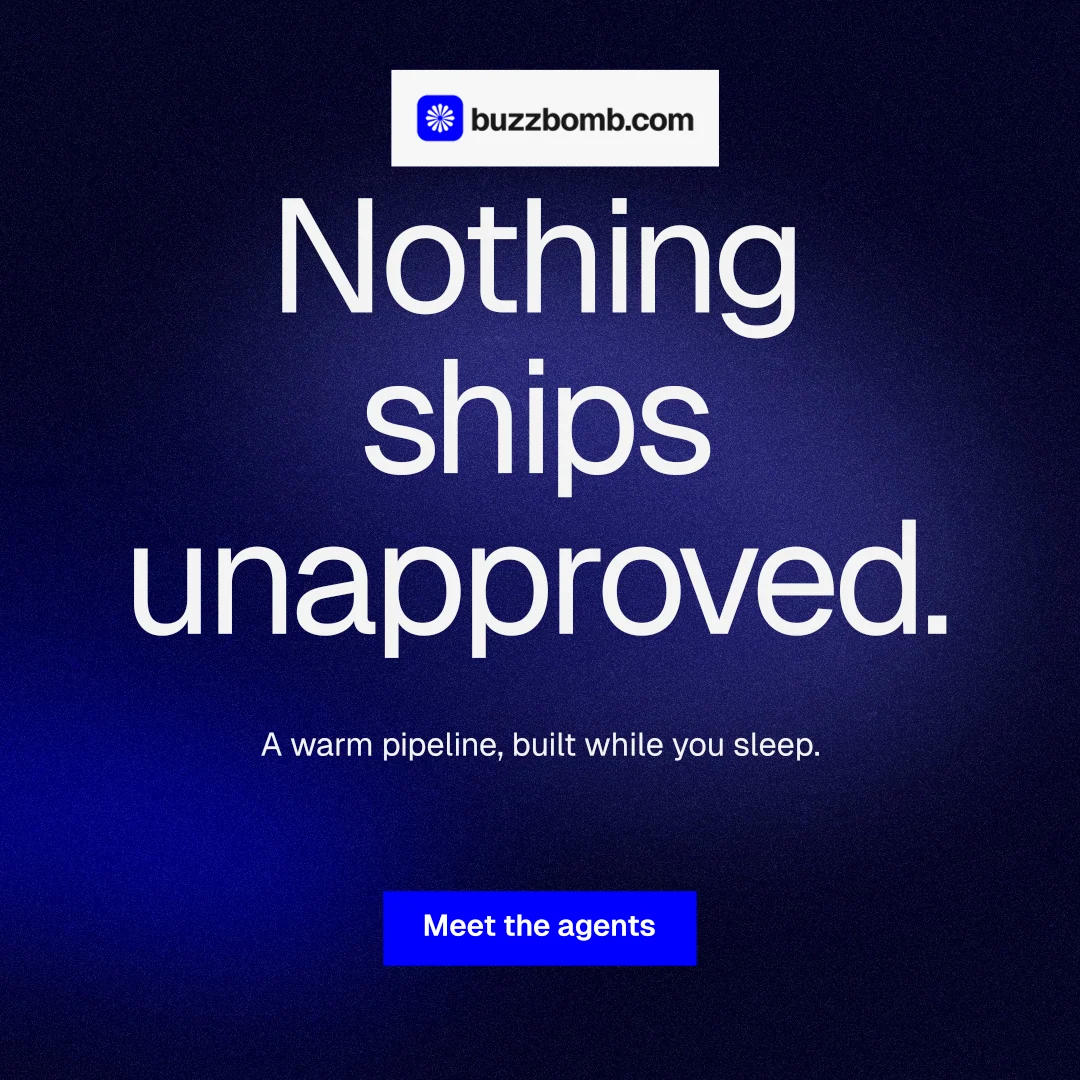 Instagram post for BuzzBomb: "Nothing ships unapproved." Swiss style, centred layout, dark palette in black, blue.