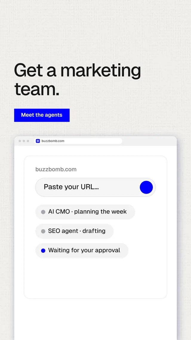 Instagram story for BuzzBomb: "Get a marketing team." Swiss style, browser layout, light palette in white.