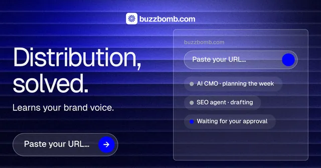 Social ad for BuzzBomb: "Distribution, solved." Agentic glass style, bottom layout, dark palette in black, blue.