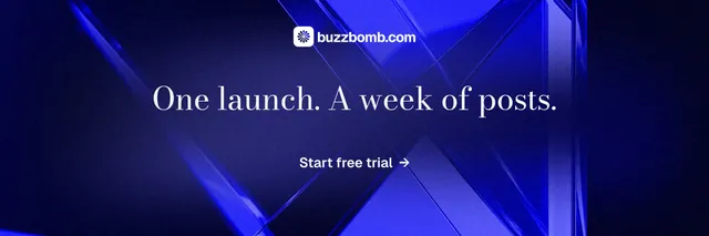 X header for BuzzBomb: "One launch. A week of posts." Minimal luxury style, centred layout, dark palette in black, blue.