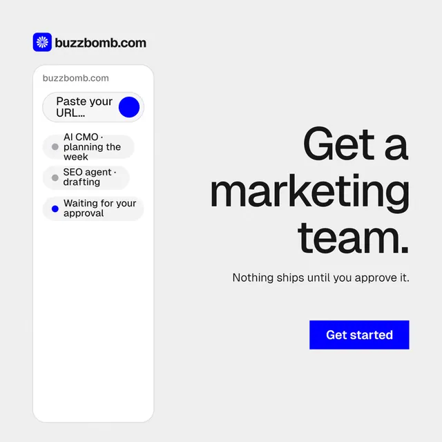 Instagram post for BuzzBomb: "Get a marketing team." Swiss style, right layout, light palette in white, blue.