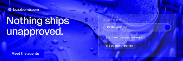 X header for BuzzBomb: "Nothing ships unapproved." Swiss style, bottom layout, dark palette in blue.
