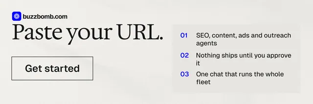 X header for BuzzBomb: "Paste your URL." Editorial style, skeleton layout, light palette in white, grey.
