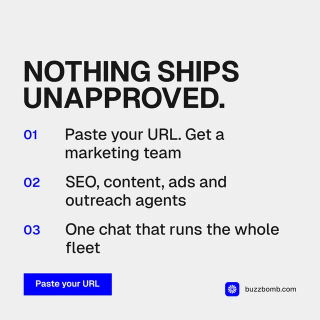 Instagram post for BuzzBomb: "Nothing ships unapproved." Swiss style, numbered layout, light palette in white, grey.