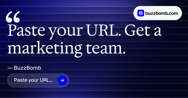 Social ad for BuzzBomb: "Get a marketing team." Agentic glass style, quote layout, dark palette in black, blue, grey.