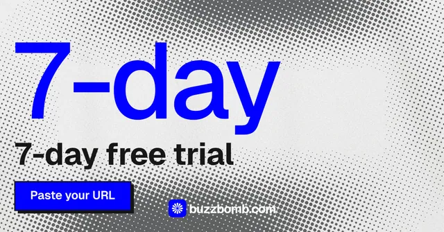 Social ad for BuzzBomb: "Nothing ships unapproved." Brutalist style, stat layout, light palette in white, blue, grey.
