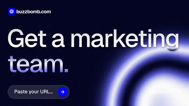 Landscape graphic for BuzzBomb: "Get a marketing team." Agentic glass style, poster layout, dark palette in black, blue.