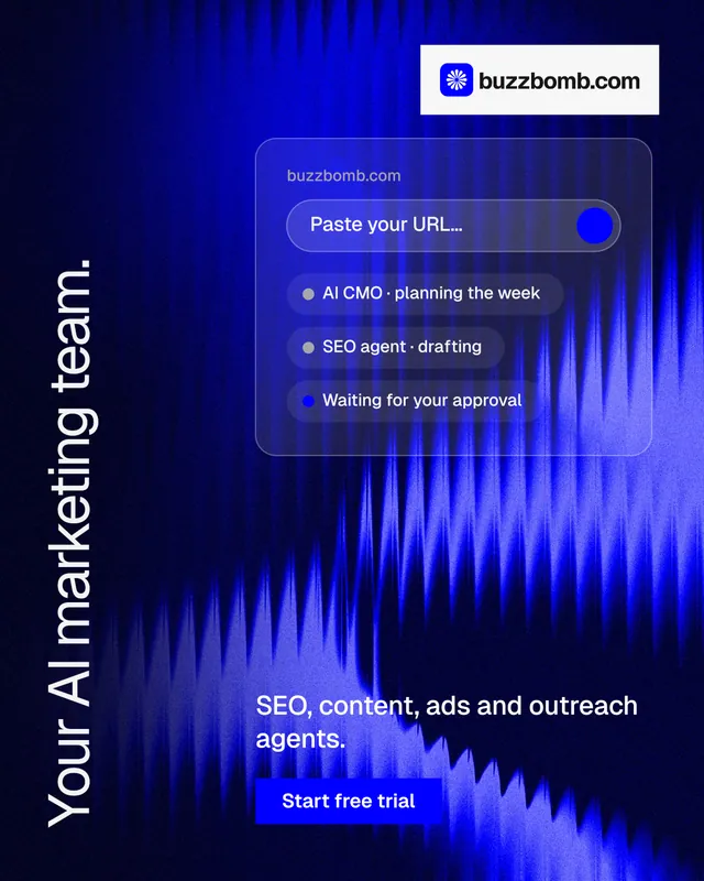 Instagram portrait post for BuzzBomb: "Your AI marketing team." Swiss style, vertical layout, dark palette in black, blue.