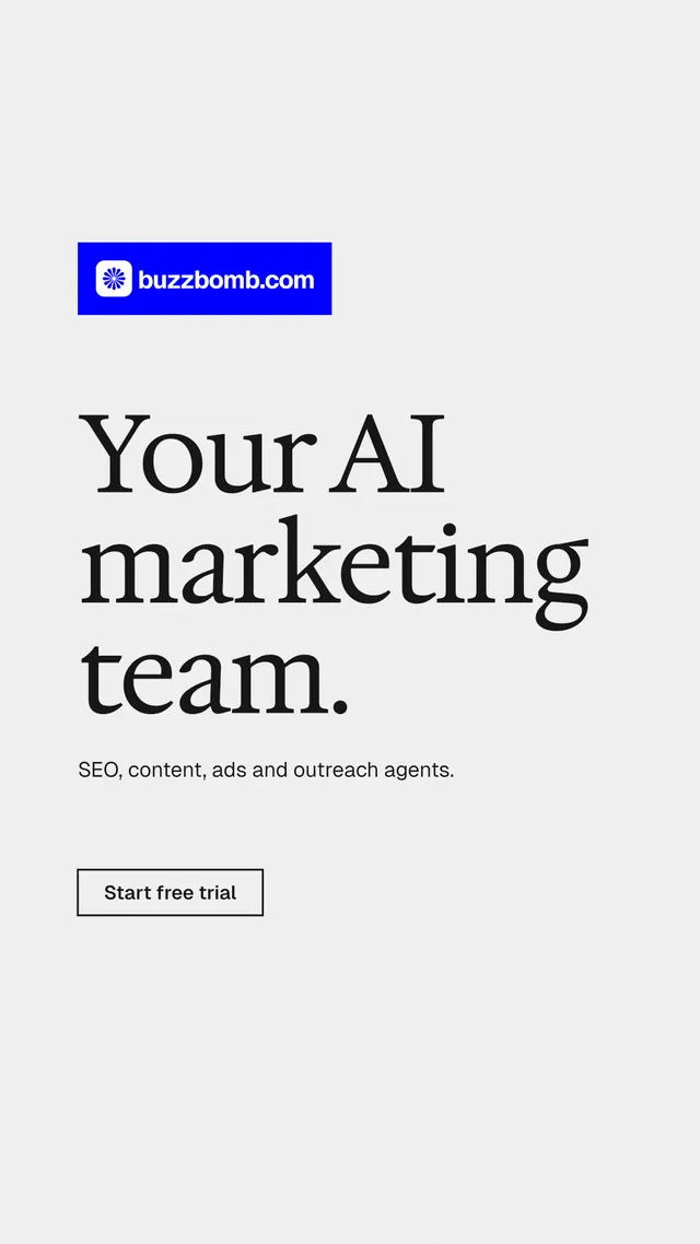 Instagram story for BuzzBomb: "Your AI marketing team." Editorial style, announce layout, light palette in white, blue.