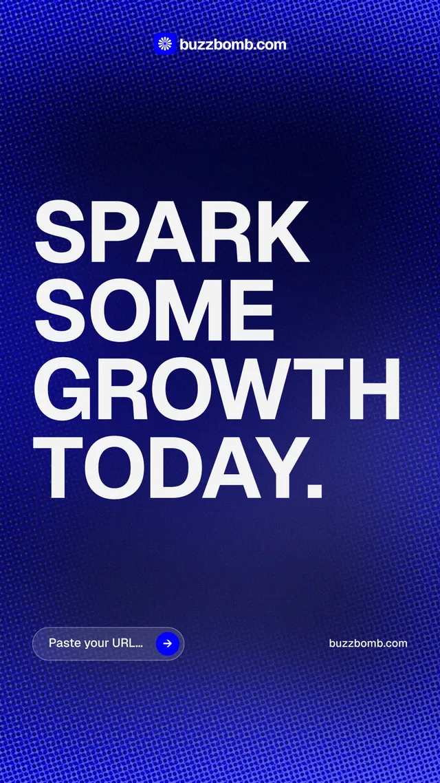 Instagram story for BuzzBomb: "Spark some growth today." Agentic glass style, poster layout, dark palette in blue.