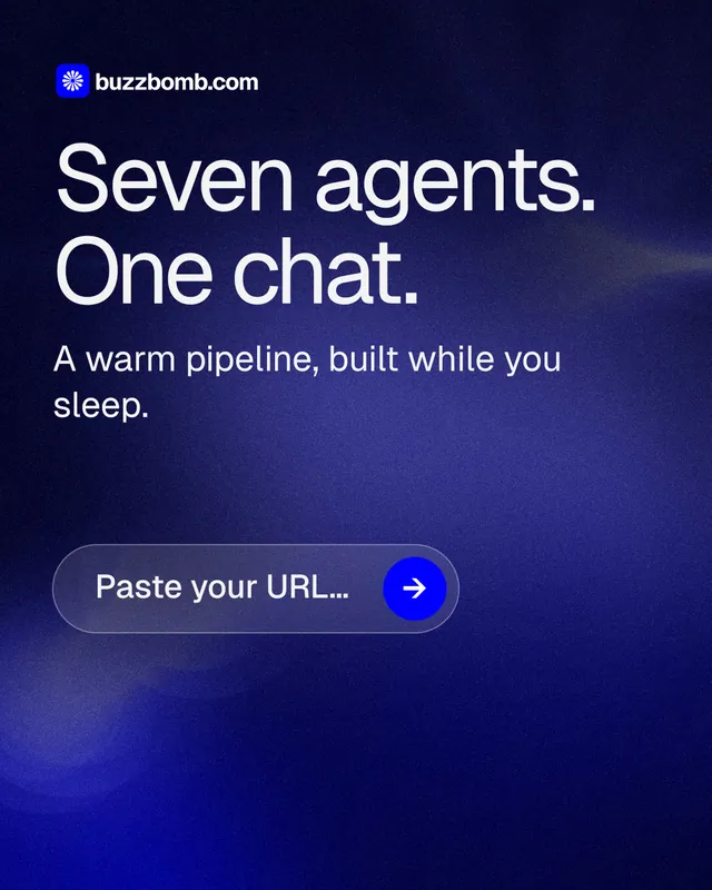 Instagram portrait post for BuzzBomb: "Seven agents. One chat." Agentic glass style, skeleton layout, dark palette in black, blue, grey.