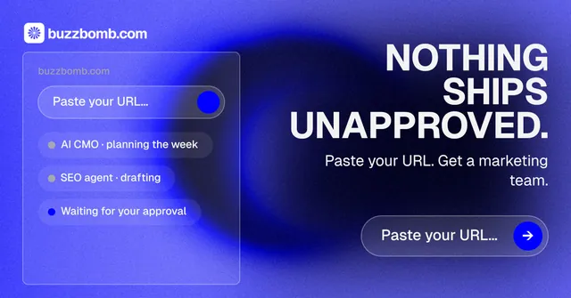 Social ad for BuzzBomb: "Nothing ships unapproved." Agentic glass style, right layout, dark palette in blue.