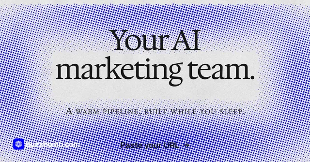 Social ad for BuzzBomb: "Your AI marketing team." Swiss style, smallcaps layout, light palette in blue, white.