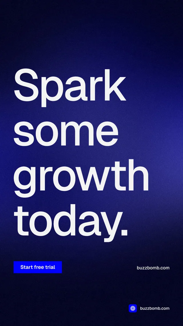 Instagram story for BuzzBomb: "Spark some growth today." Swiss style, poster layout, dark palette in blue, black.