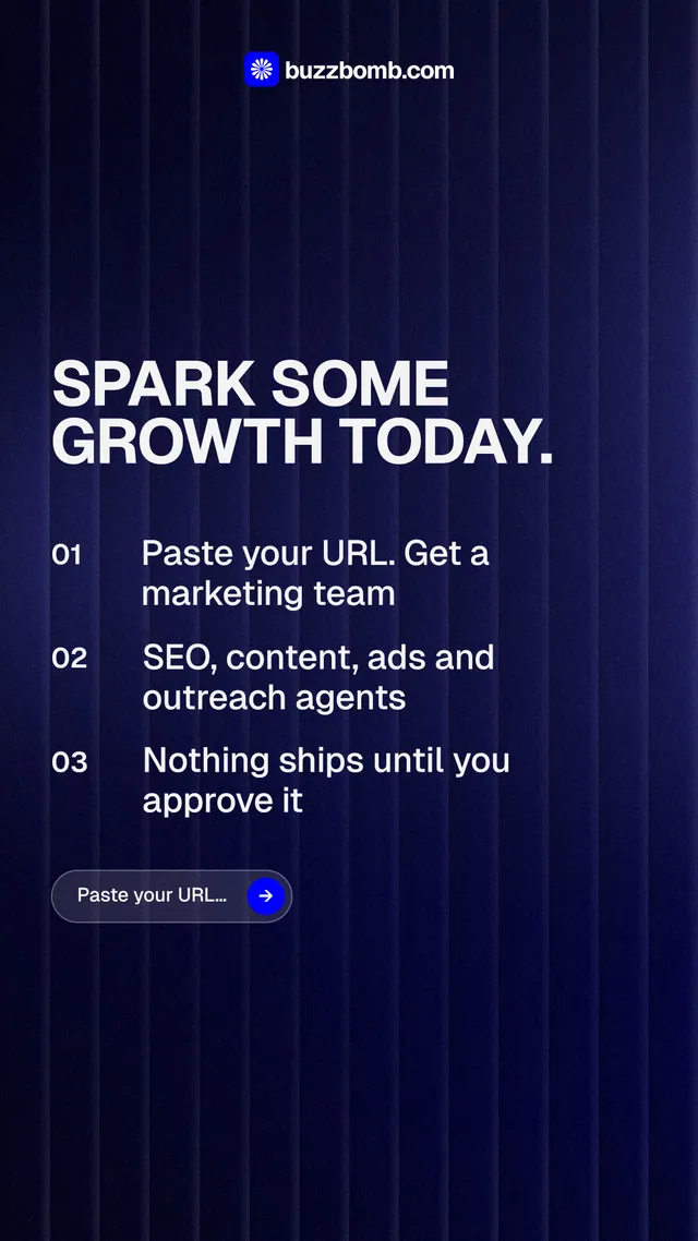 Instagram story for BuzzBomb: "Spark some growth today." Agentic glass style, numbered layout, dark palette in black, blue, grey.
